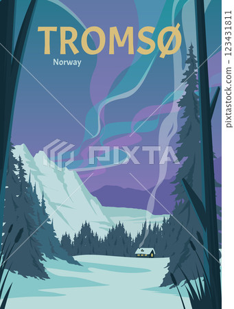 northern light in tromso vintage poster design, norway aurora borealis poster northern light in tromso vintage poster design, norway aurora borealis poster 123431811