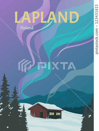 cabin with northern lights view vintage poster illustration design, finland poster decoration 123431815