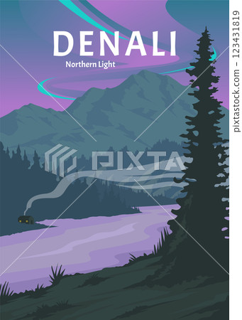 northern lights view at denali national park minimalist poster design 123431819