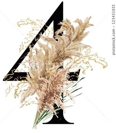 Black number 4 with watercolor biege and golden dried pampas grass, tropical wedding illustration 123431935