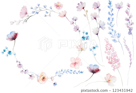 Frame made with hand drawn watercolor pastel wild flowers and leaves, isolated wedding illustration Frame made with hand drawn watercolor pastel wild flowers and leaves, isolated wedding illustration 123431942