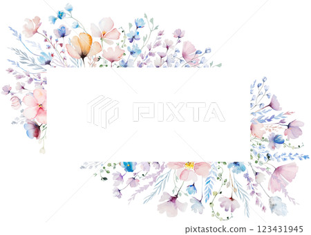 Frame made with hand drawn watercolor pastel wild flowers and leaves, isolated wedding illustration 123431945