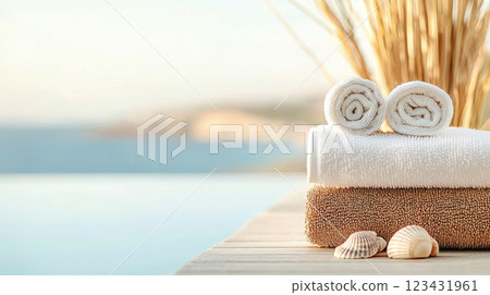 Soft rolled towels and seashells on a poolside surface with a blurred ocean view in the background, evoking a luxurious and relaxing spa or beach resort atmosphere. 123431961