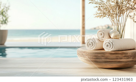 Soft rolled towels and seashells on a poolside surface with a blurred ocean view in the background, evoking a luxurious and relaxing spa or beach resort atmosphere. 123431963