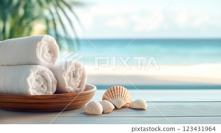 A wooden tray with soft rolled towels and seashells on a light wooden surface, overlooking a tropical beach with turquoise ocean waves and palm leaves in the background. 123431964