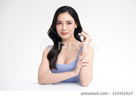 Beautiful young asian woman with clean fresh skin on white background, Face care, Facial treatment, Cosmetology, beauty and spa, Asian women portrait. Beautiful young asian woman with clean fresh skin on white background, Face care, Facial treatment, Cosmetology, beauty and spa, Asian women portrait. 123432027