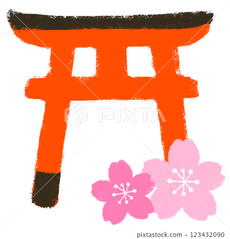 簡單的插圖、蠟筆觸感、鳥居門和櫻花 123432090