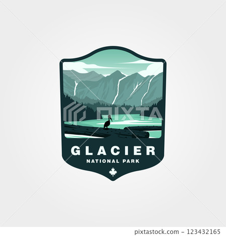 glacier national park vector patch with with a beautiful view of the lake and mountains in the background 123432165