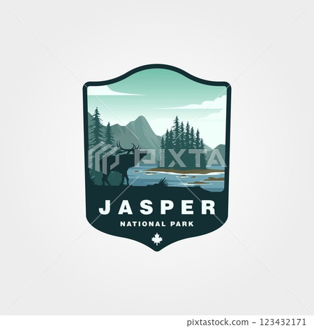 jasper national park of canada vector logo design with elk on foreground 123432171