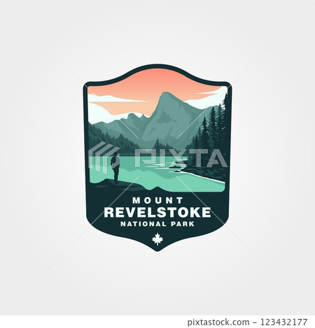 Mount Revelstoke National Park vintage logo vector illustration design, man looking at the mountain view logo design 123432177