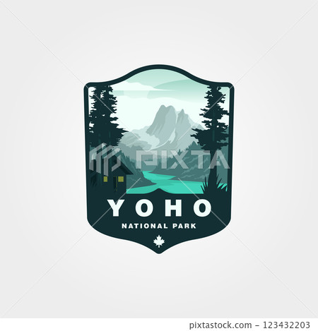 Yoho National Park scenery features mountains trees water a cabin logo vector design 123432203