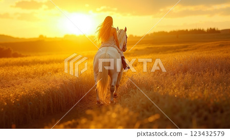 A woman riding a white horse through a field at sunset 123432579