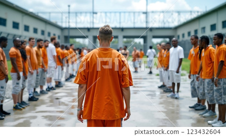 A group of men in orange prison uniforms standing in a line 123432604