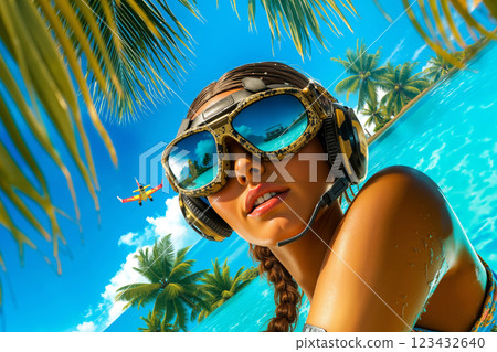 A woman wearing a pair of goggles and headphones in a pool 123432640