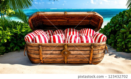 A wooden chest filled with red and white striped pillows on a sandy beach 123432702