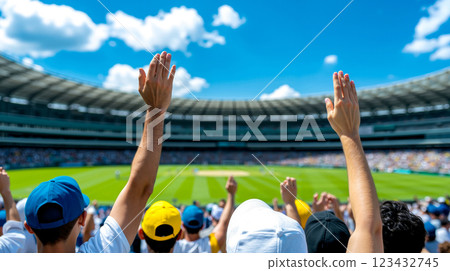 A crowd of people raising their hands in the air at a baseball game 123432745