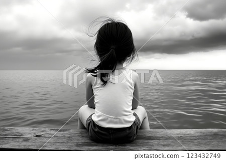 A little girl sitting on a dock looking out at the ocean 123432749