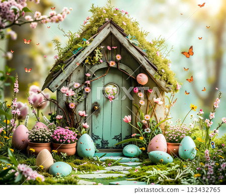 A fairy house surrounded by flowers and butterflies 123432765
