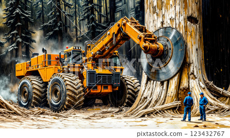 A large yellow bulldozer in the middle of a forest with two men standing next to it 123432767
