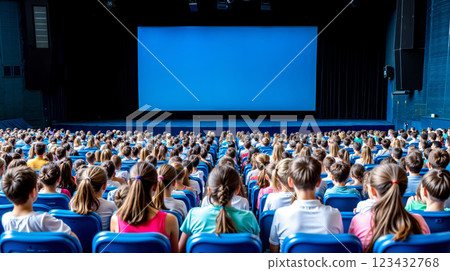 A large group of children sitting in a theater watching a movie 123432768