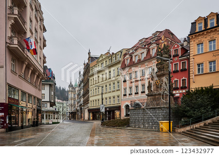 Karlovy Vary Karlsbad old historic spa town with hot springs in Bohemia Czech Republic Karlovy Vary Karlsbad old historic spa town with hot springs in Bohemia Czech Republic 123432977