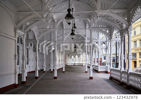 Karlovy Vary Karlsbad old historic spa town with hot springs in Bohemia Czech Republic Karlovy Vary Karlsbad old historic spa town with hot springs in Bohemia Czech Republic 123432978