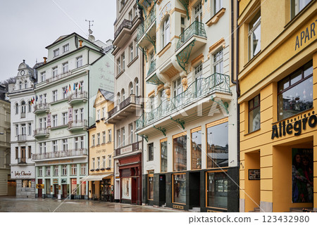 Karlovy Vary Karlsbad old historic spa town with hot springs in Bohemia Czech Republic Karlovy Vary Karlsbad old historic spa town with hot springs in Bohemia Czech Republic 123432980
