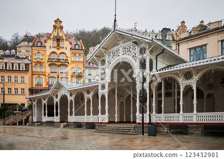 Karlovy Vary Karlsbad old historic spa town with hot springs in Bohemia Czech Republic Karlovy Vary Karlsbad old historic spa town with hot springs in Bohemia Czech Republic 123432981
