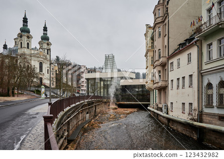 Karlovy Vary Karlsbad old historic spa town with hot springs in Bohemia Czech Republic 123432982