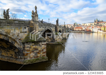 View of the famous Charles Bridge over Vltava river in winter, in Prague, Czech Republic View of the famous Charles Bridge over Vltava river in winter, in Prague, Czech Republic 123433005