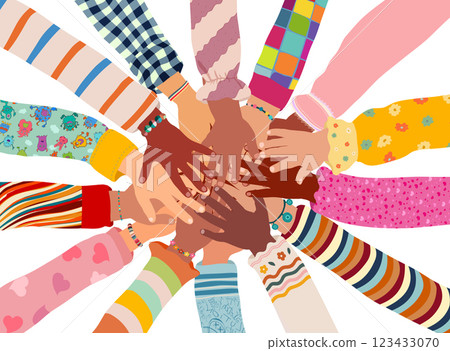 Hands stacked in a circle of multicultural children.Diversity Equality school inclusion.Concept of education community unity or solidarity between group of students or friends.Isolated 123433070