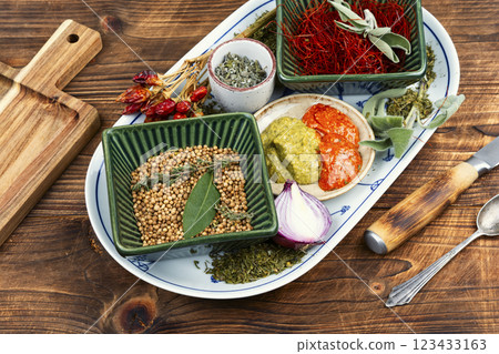 Set of various spices, sauce and herbs. 123433163