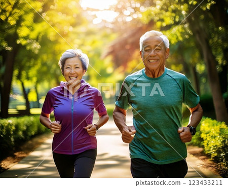 年輕而活躍的老年夫婦在公園慢跑 年輕而活躍的老年夫婦在公園慢跑 123433211