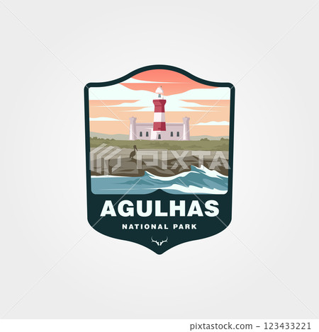 A badge displays Agulhas National Parks lighthouse ocean and bird. 123433221