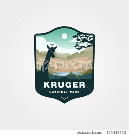 kruger national park logo design, A giraffe silhouette overlooks Kruger National Park scenery. 123433230
