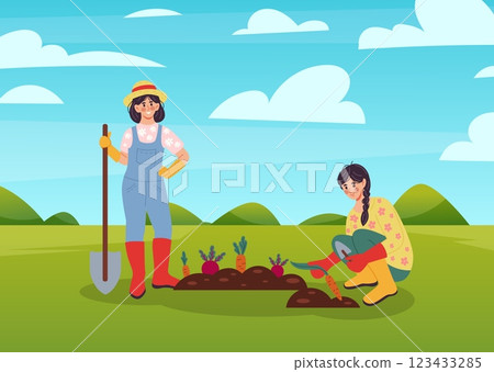 Happy farmer. Cute women harvesting carrots or beets. Girl with shovel. Horticulture work. Agriculture workers growing vegetables at seedbed. Agrarian in uniform digging soil. Vector countryside scene Happy farmer. Cute women harvesting carrots or beets. Girl with shovel. Horticulture work. Agriculture workers growing vegetables at seedbed. Agrarian in uniform digging soil. Vector countryside scene 123433285
