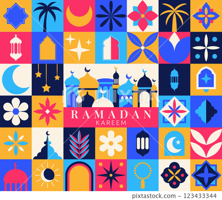 Ramadan pattern geometric icon. Modern collage with square frame and mosque building. Design retro round arch with moon artwork. Bauhaus mosaic. Islamic holiday. Vector abstract garish art background 123433344