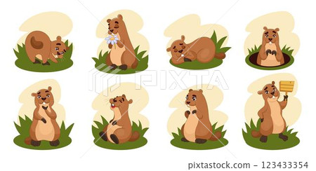 Cartoon groundhog. Marmot day. Spring joyful gopher. Underground beaver. Funny graphic hole. Cute animal sleeping at meadow. Ferret den. Happy rodent character poses. Vector hamster tidy mascots set 123433354