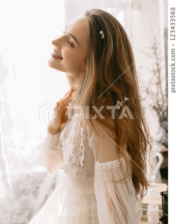 Gorgeous beauty woman wearing vintage dress. Spring fashion or beauty concept 123433568
