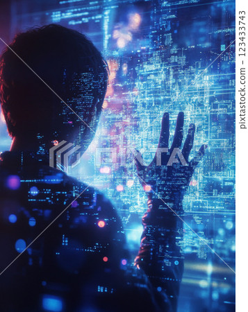 與數位世界和未來科技互動的剪影人物 與數位世界和未來科技互動的剪影人物 123433743