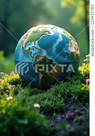 Planet earth resting on lush green grass in a peaceful forest setting 123433765