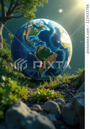 Planet earth gently resting on lush green vegetation in vertical orientation 123433766