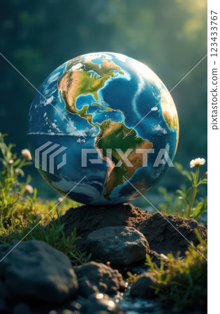 Planet earth balancing on a small mound of dirt in a tranquil natural setting 123433767