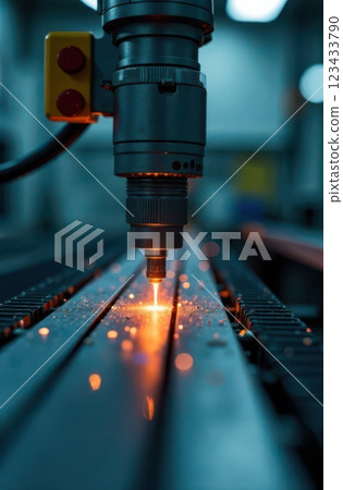 Industrial laser cutter engraving metal detail in manufacturing plant 123433790