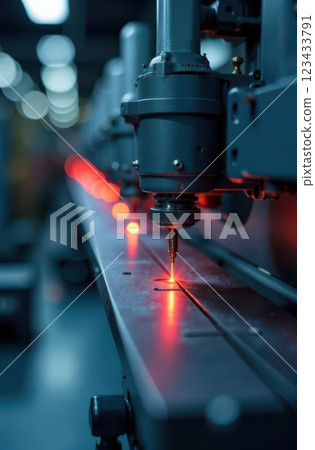 Industrial laser cutter engraving metal sheet in modern factory 123433791