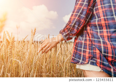 Woman wheat field. Agronomist, Woman farmer check golden ripe barley spikes in cultivated field. Closeup of female hand on plantation in agricultural crop management concept. Slow motion Woman wheat field. Agronomist, Woman farmer check golden ripe barley spikes in cultivated field. Closeup of female hand on plantation in agricultural crop management concept. Slow motion 123433811