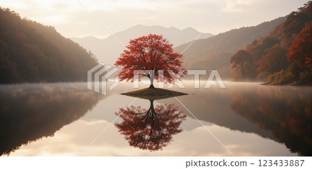 A tranquil autumn scene with a single red tree surrounded by fog, reflected perfectly in a still lake. 123433887