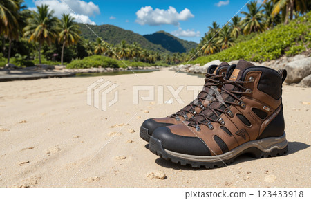 Island Adventure Footwear A pair of rugged, durable hiking boots and a backpack placed on the sand, with a jungle path and distant 123433918