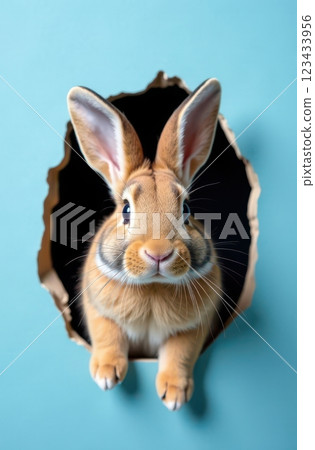 Cute rufous rabbit peeking through hole in turquoise background 123433956