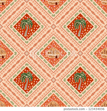 Summer geometric tropical seamless pattern with palm tree, beach house, ceramic tile. Vector cute patchwork print 123434036